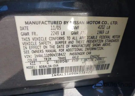 2006 Nissan Altima 2.5 S from USA, damaged, VIN 1N4AL11D96N338422